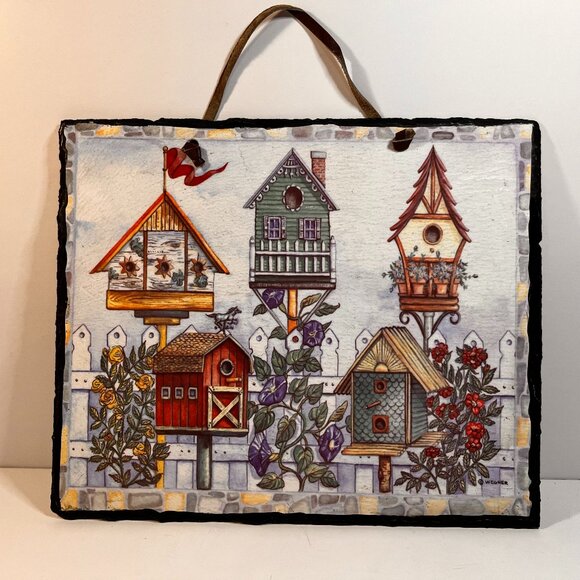 Birdhouses on Slate Wall Art Decor Hanging Summer Spring Wegner 12x10 Floral - Picture 1 of 3